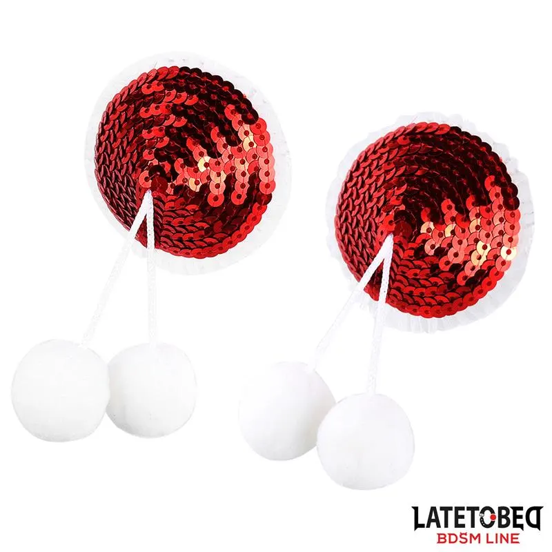 Pezoneras con Lentejuelas Rojas y Pompones Blancos · LATETOBED BDSM LINE · Pinzas y Pezoneras — photo 2