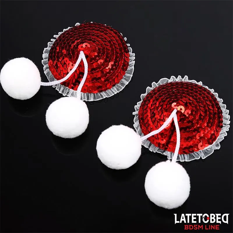 Pezoneras con Lentejuelas Rojas y Pompones Blancos · LATETOBED BDSM LINE · Pinzas y Pezoneras — photo 3