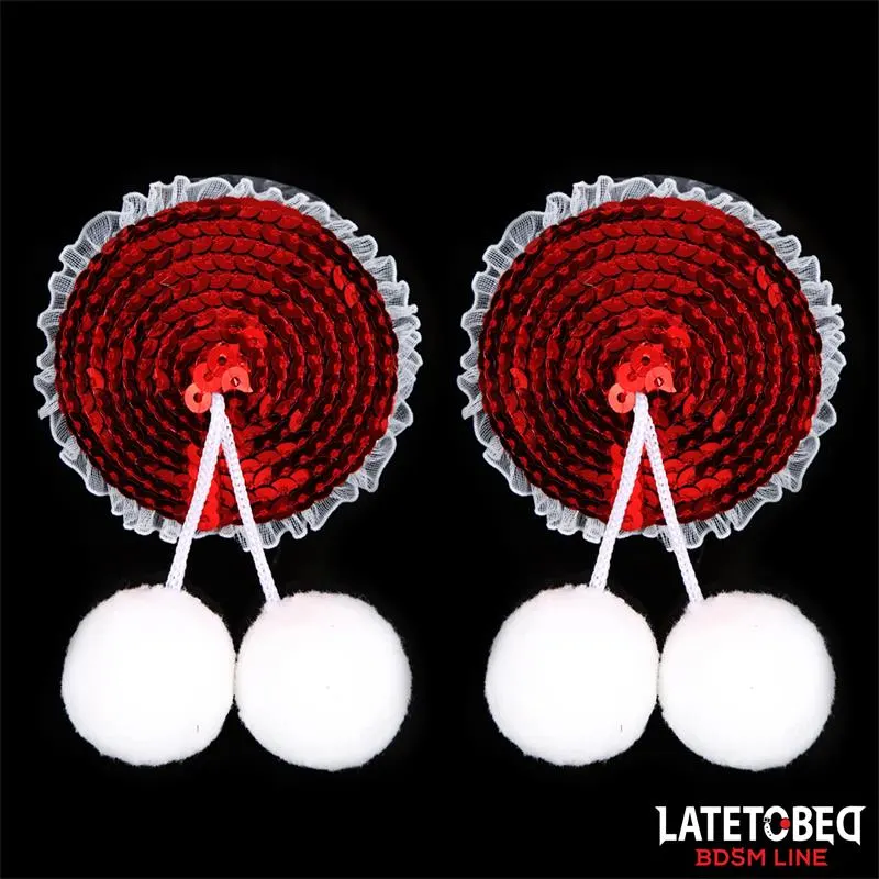 Pezoneras con Lentejuelas Rojas y Pompones Blancos · LATETOBED BDSM LINE · Pinzas y Pezoneras