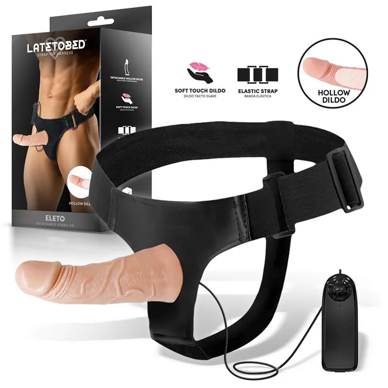 Eleto Arnés con Dildo Hueco Desmontable, Vibración y Control Remoto · HARNESS COLLECTION LATETOBED · Línea LGBT+