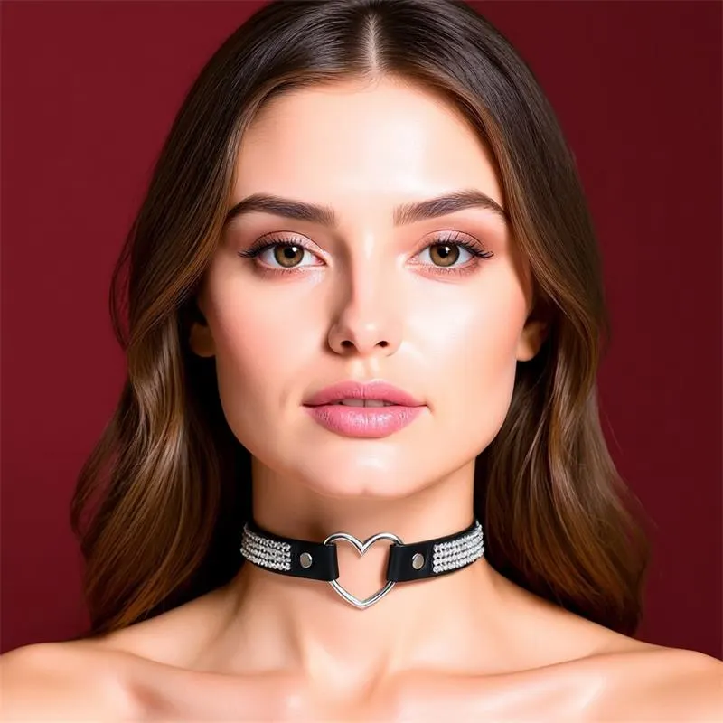 Collar con Corazón y Pedrería Estilo Choker Cuero Vegano Talla Única · CINDERELLA · Accesorios y Sets