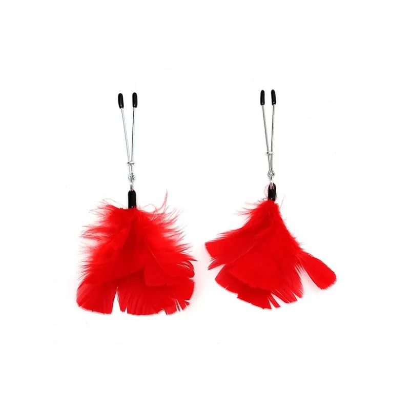 Pinzas para Pezones con Plumas Rojas Ajustables · BONDAGE PLAY · Pinzas y Pezoneras