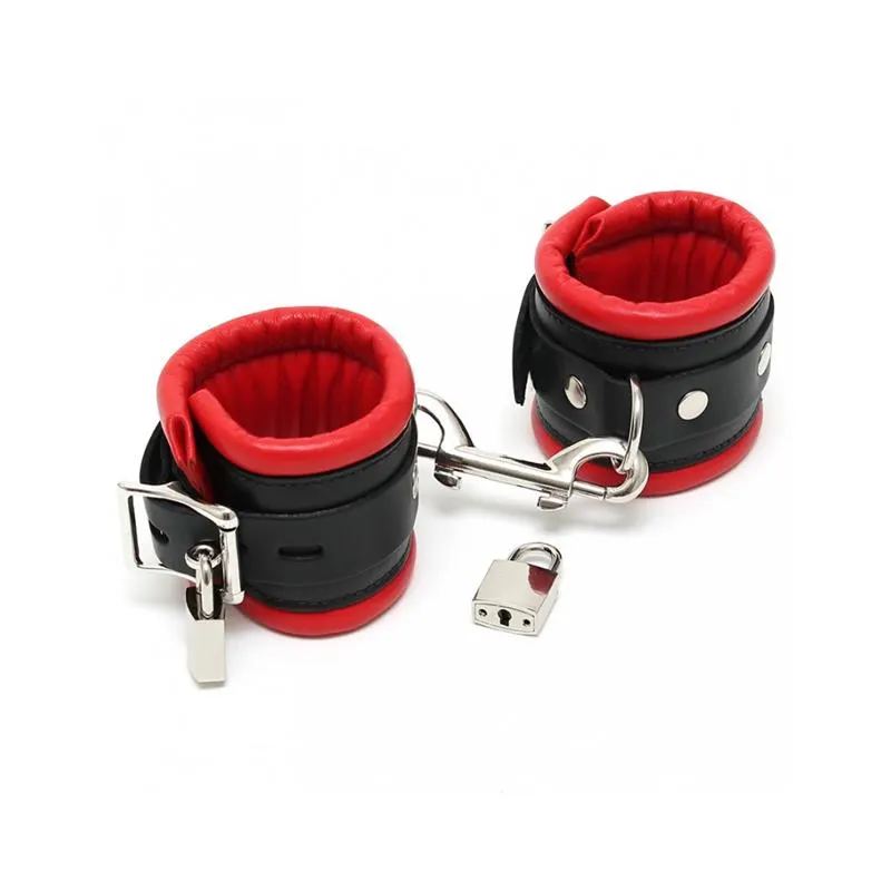 Esposas Cuero con Candado Negro y Rojo 7 cm · BONDAGE PLAY · Esposas y Ataduras — Foto 2