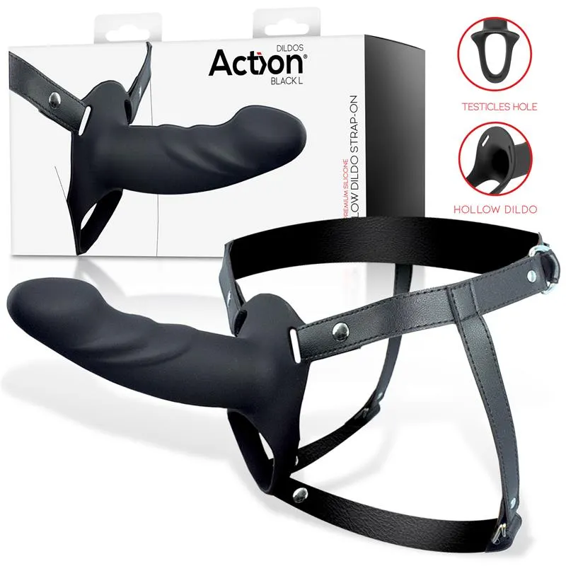 Arnés Strap-on con Dildo Hueco Silicona Premium Talla L Negro · ACTION · Dildos