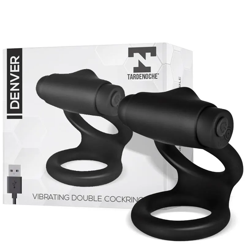 Denver Anillo Doble con Bala Vibradora USB Silicona Negro · TARDENOCHE · Anillos para el Pene