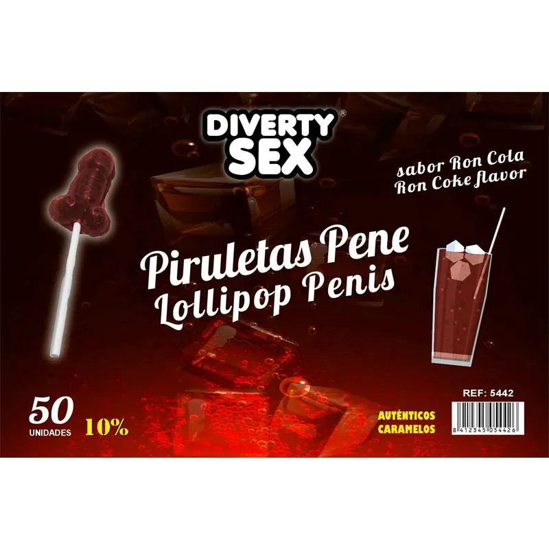 50 Piruletas Forma Pene Sabor Ron Cola 10% Alcohol · DIVERTY SEX · Lubricantes