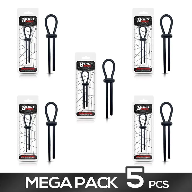 Pack de 5 Anillo para el Pene de Lazo Ajustable Silicona Sólida Negro · BEAST RINGS · Anillos para el Pene