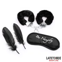 Set de 3 Piezas Antifaz, Esposas y Plumas Negro · LATETOBED BDSM LINE · Accesorios y Sets