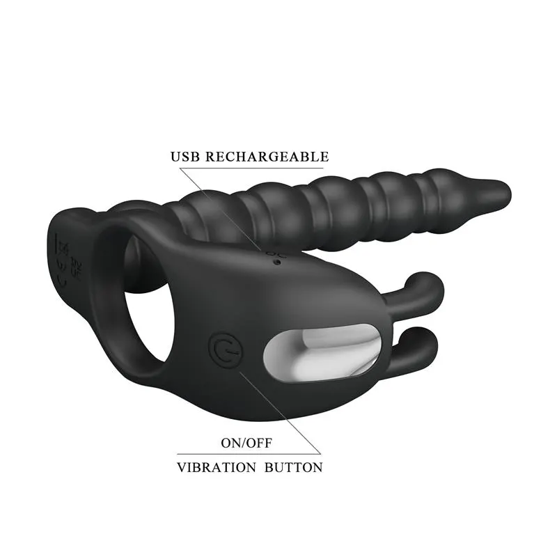 Blackney Anillo Vibrador con Plug Silicona Negro · PRETTYLOVE · Anillos para el Pene — Foto 8